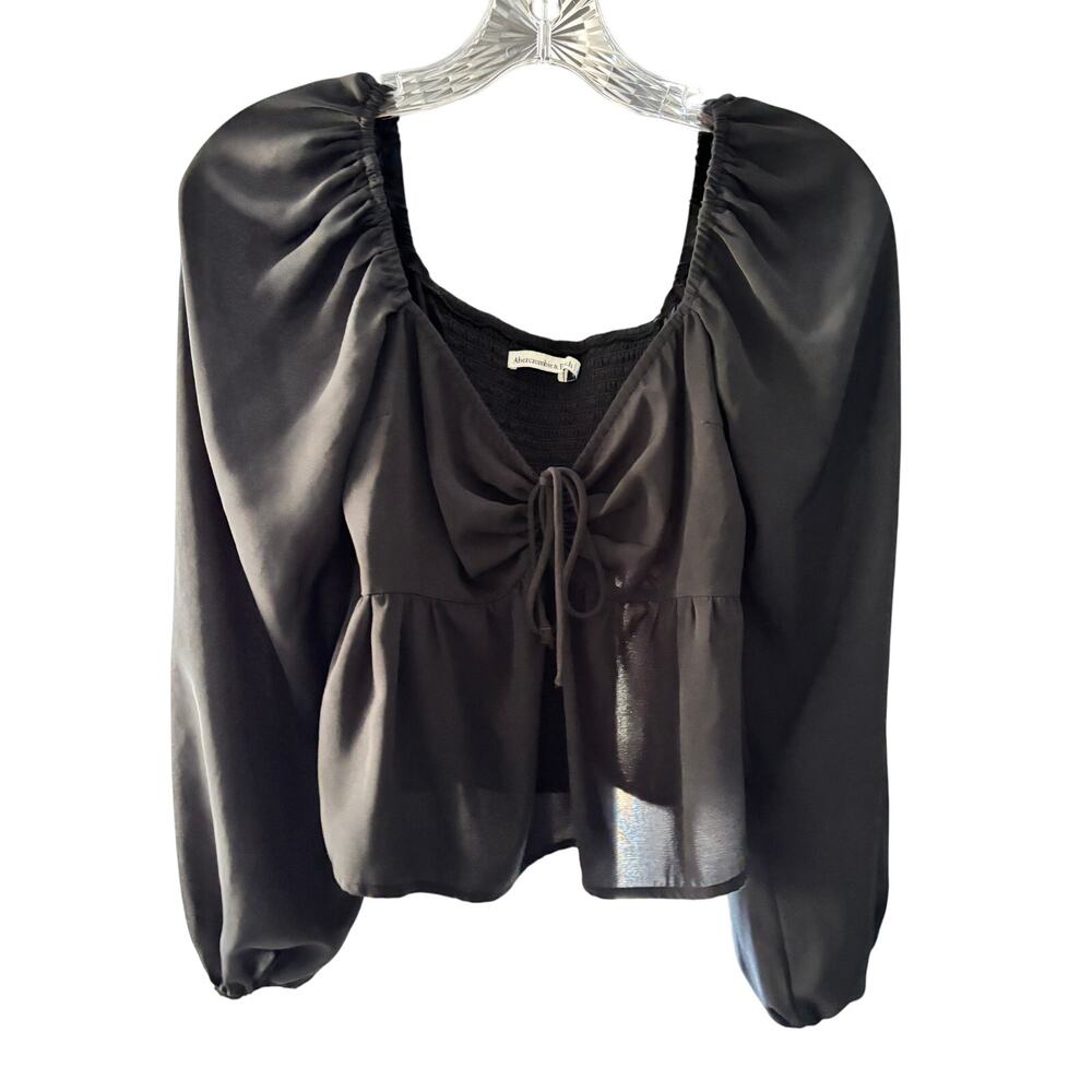 Abercrombie & Fitch Smocked Tie Front Blouse Womens Small Black Puff Sleeve